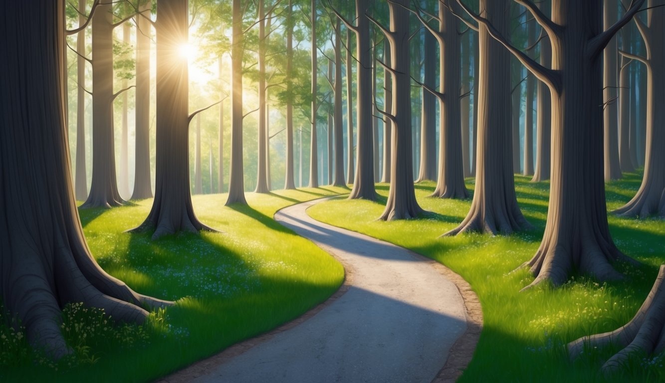 A winding path leading through a forest of tall, reaching trees, with the sun breaking through the branches, casting dappled light on the ground