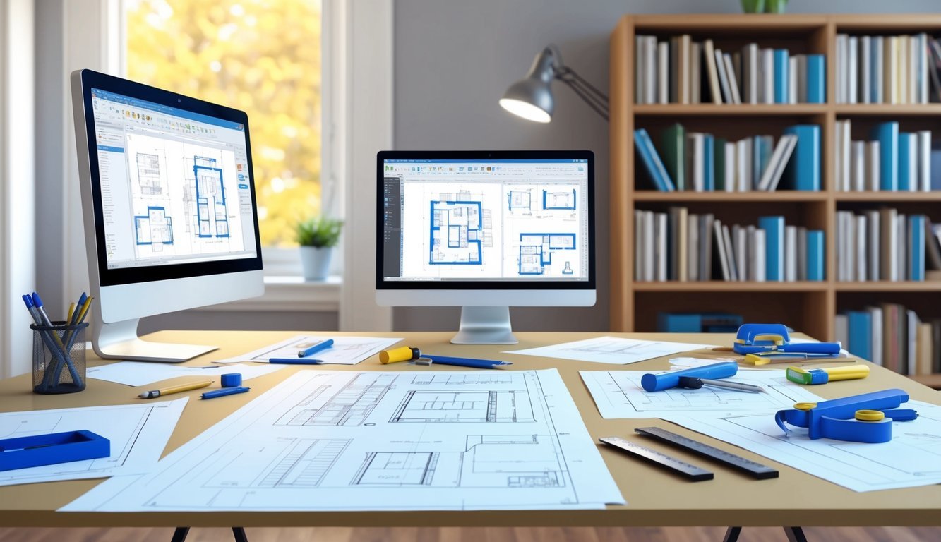 A drafting table with architectural plans, blueprints, rulers, and drafting tools scattered around.</p><p>A computer with design software and a bookshelf filled with architecture books in the background