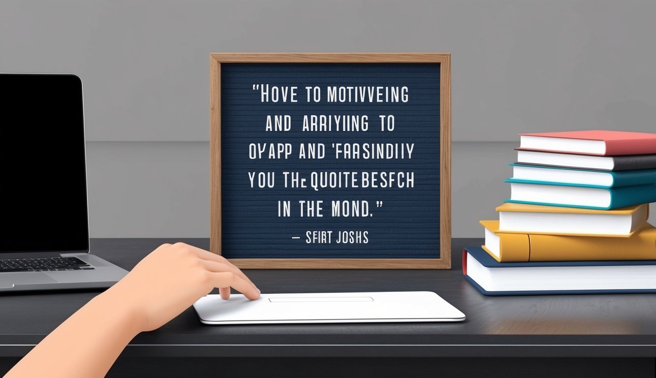 A desk with a motivational quote board, a laptop, and a stack of books.</p><p>A person's hand reaching for a quote to read