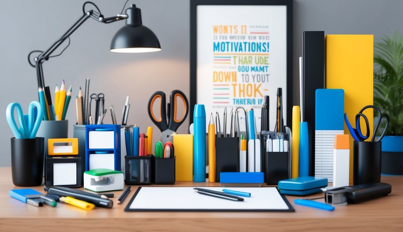 A group of diverse office supplies and tools arranged in a neat and orderly manner on a desk, with a motivational poster in the background