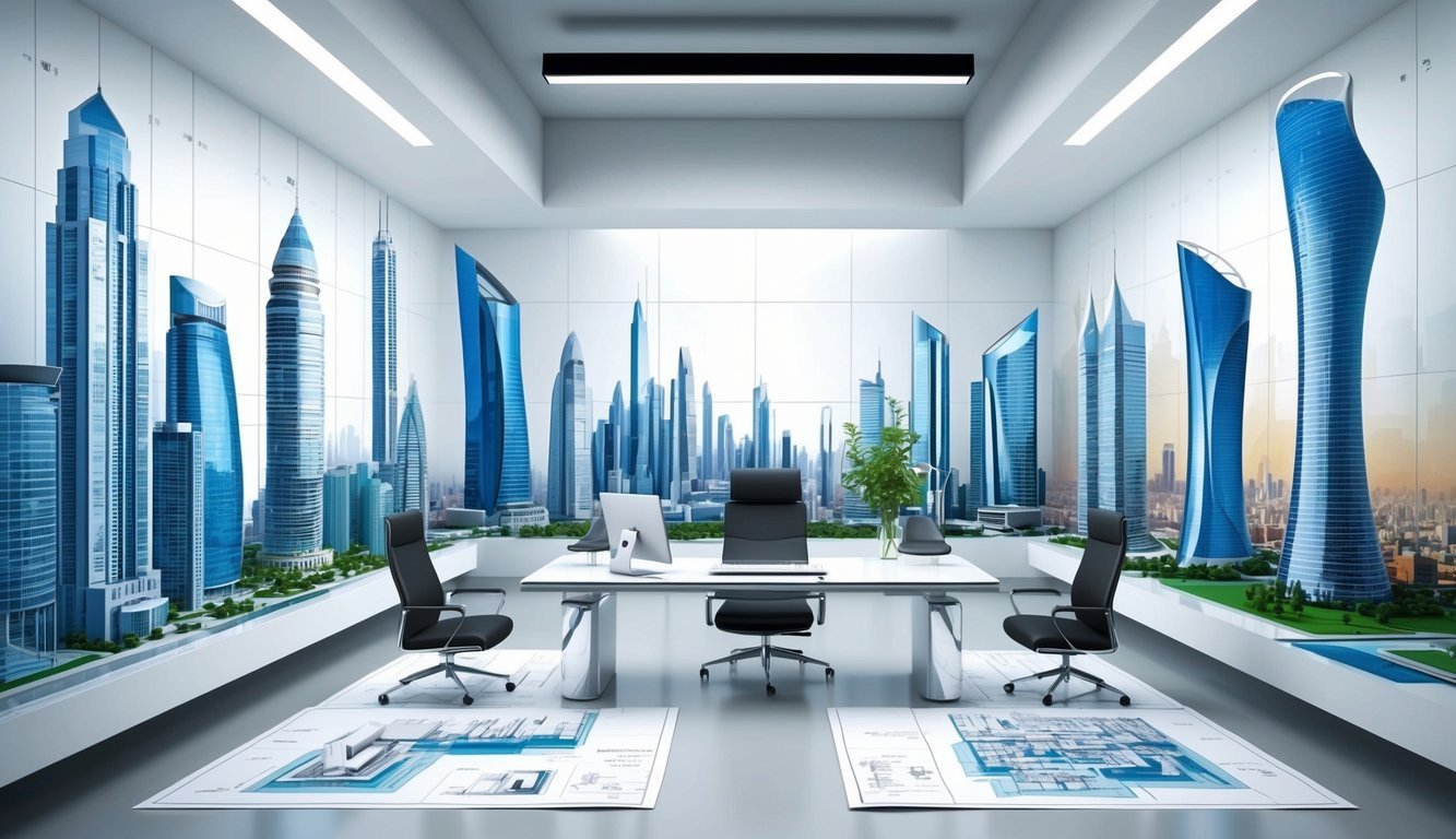 Architectural blueprints and computer models surround a designer at a sleek desk in a modern studio.</p><p>City skylines and innovative structures adorn the walls