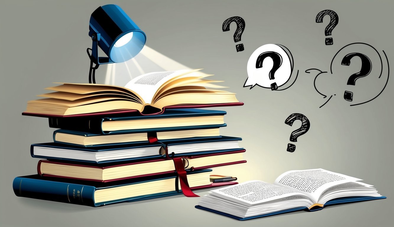 A stack of open books with a spotlight shining on the page, surrounded by question marks and speech bubbles