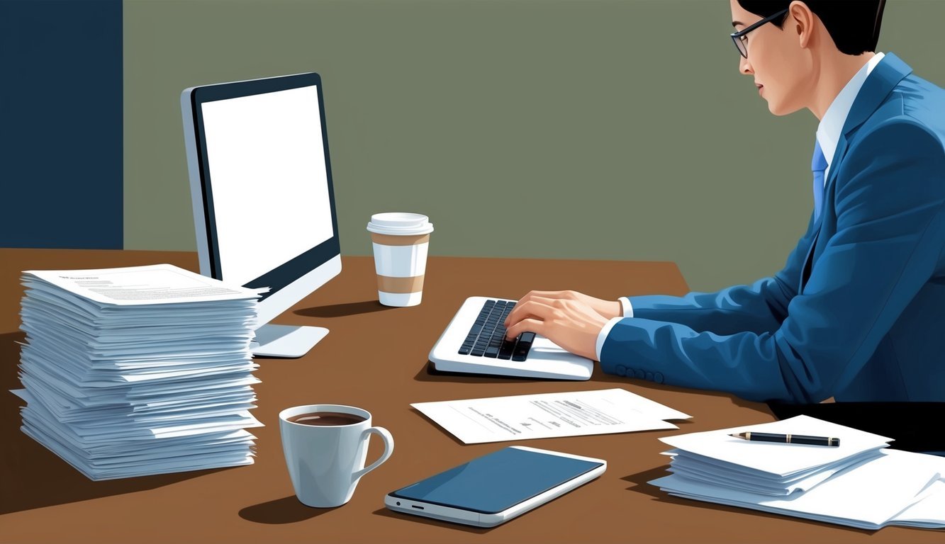 A person sitting at a desk typing an email on a computer, with a stack of papers and a cup of coffee nearby