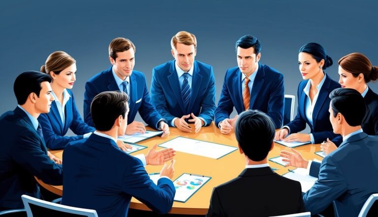 Business team in suits around a table, discussing charts and documents
