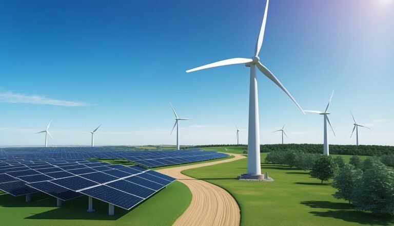 Solar panels and wind turbines on a green field under a blue sky
