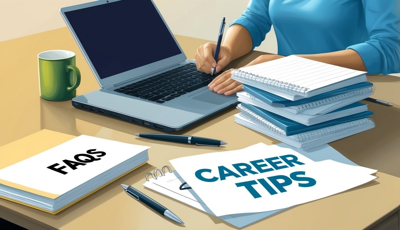 A desk with a laptop, pen, and notepad.</p><p>A stack of papers labeled "FAQs" and "Career Tips" nearby