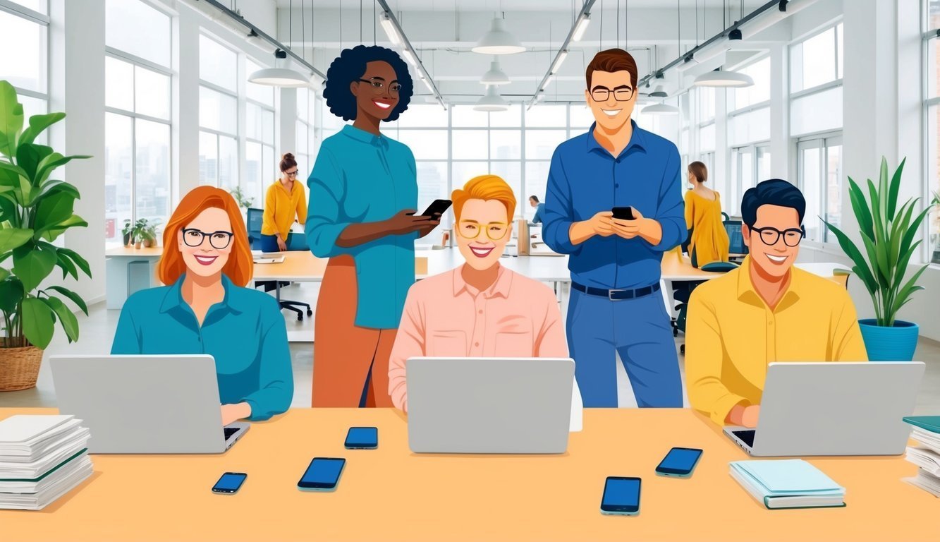 Diverse group of people working in a modern office with laptops and phones