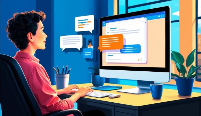 Woman working on a computer with chat bubbles in a bright office
