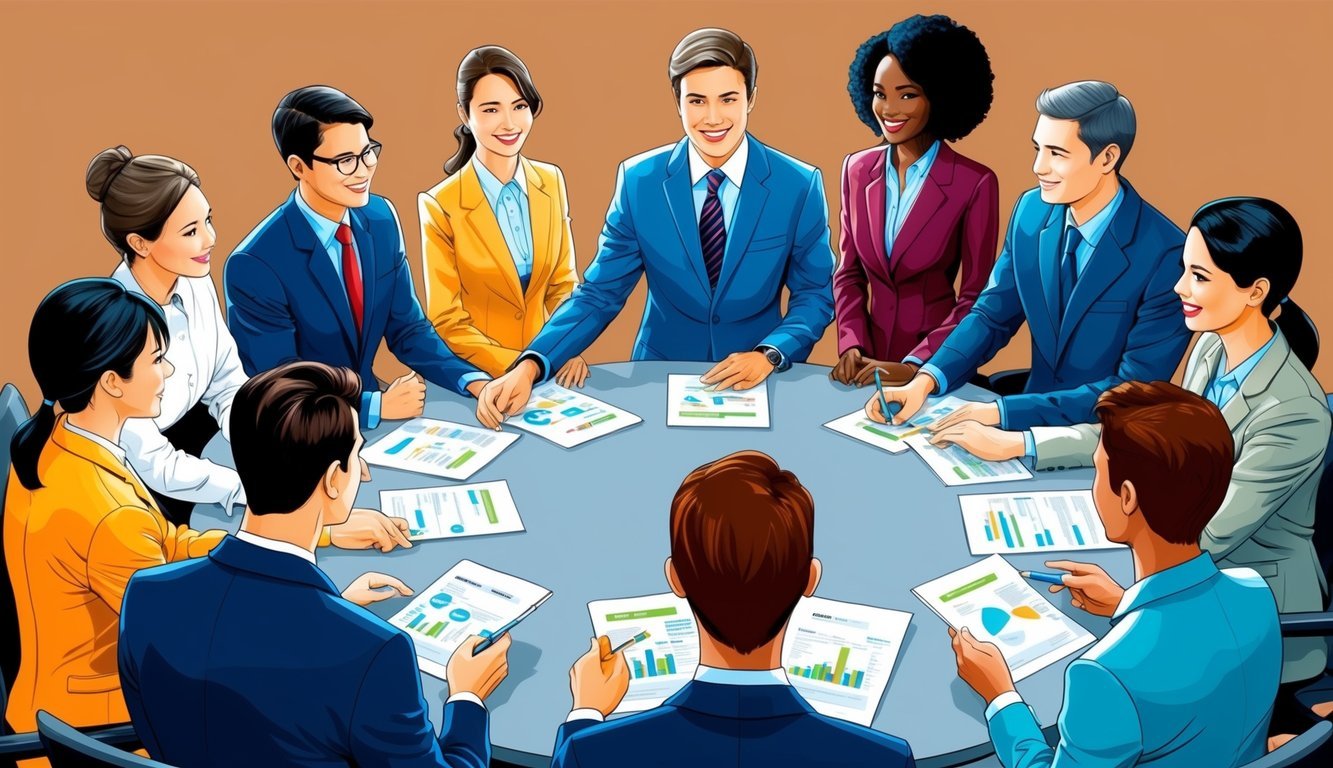 A group of people in professional attire gathered around a table, discussing and exchanging information about careers in the hospitality industry