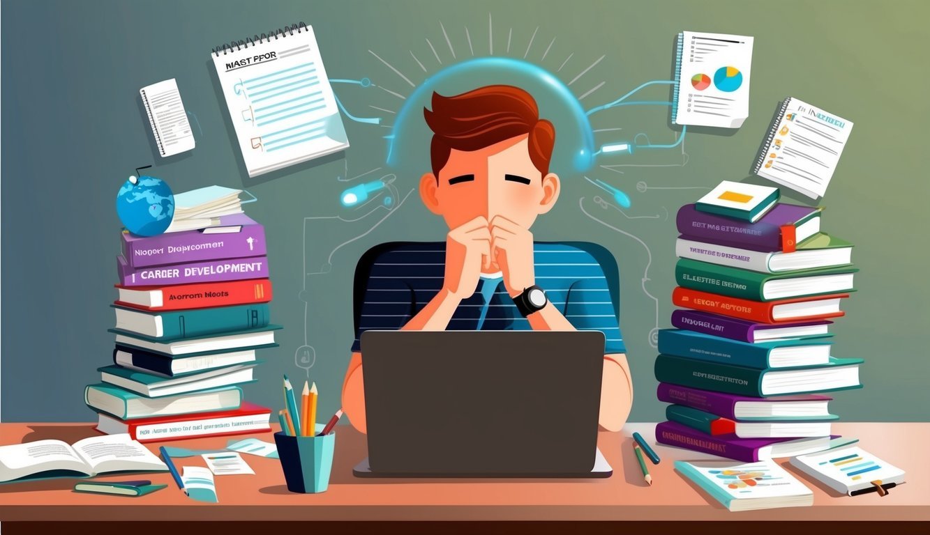 A person sitting at a desk with a laptop, surrounded by career development books and notes, deep in thought