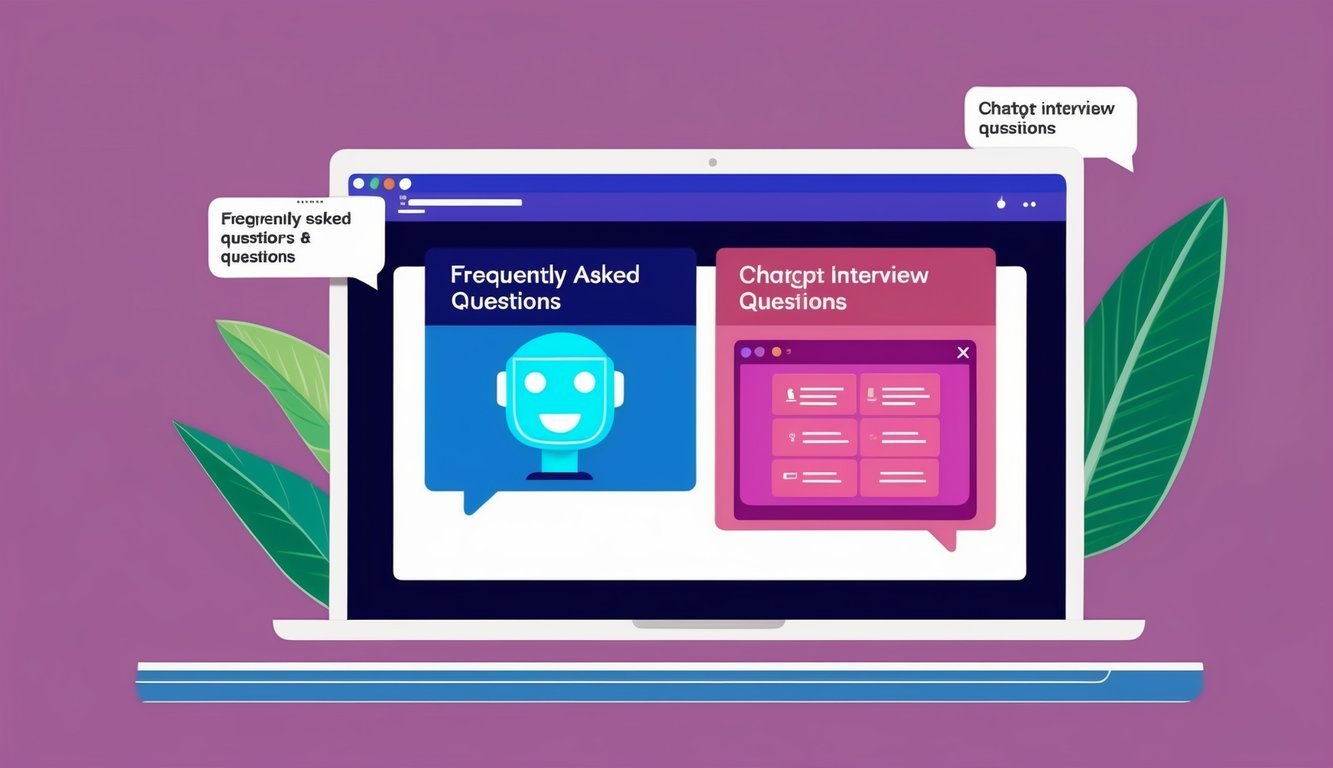 A laptop displaying a chatbot interface with "Frequently Asked Questions" and "Chatgpt interview questions" on the screen