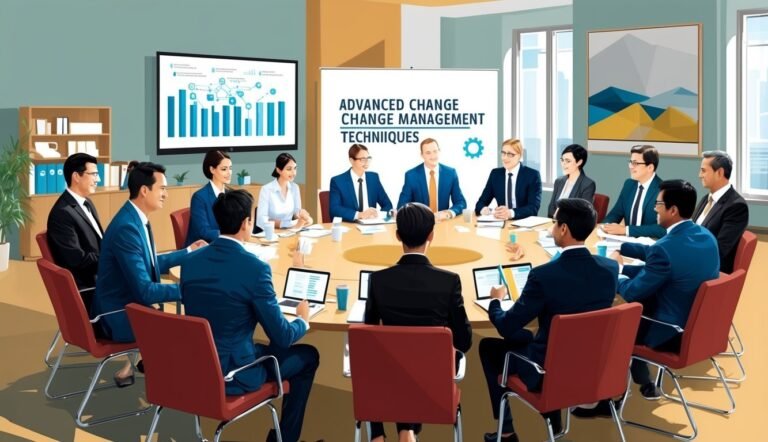 Business meeting with people around a table, presentation on screen