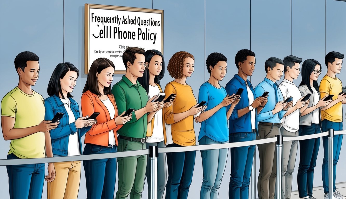 A group of people standing in line, holding cell phones, with a sign displaying "Frequently Asked Questions Cell phone policy" in the background