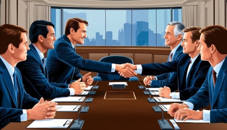 Businessmen in suits shaking hands at a conference table