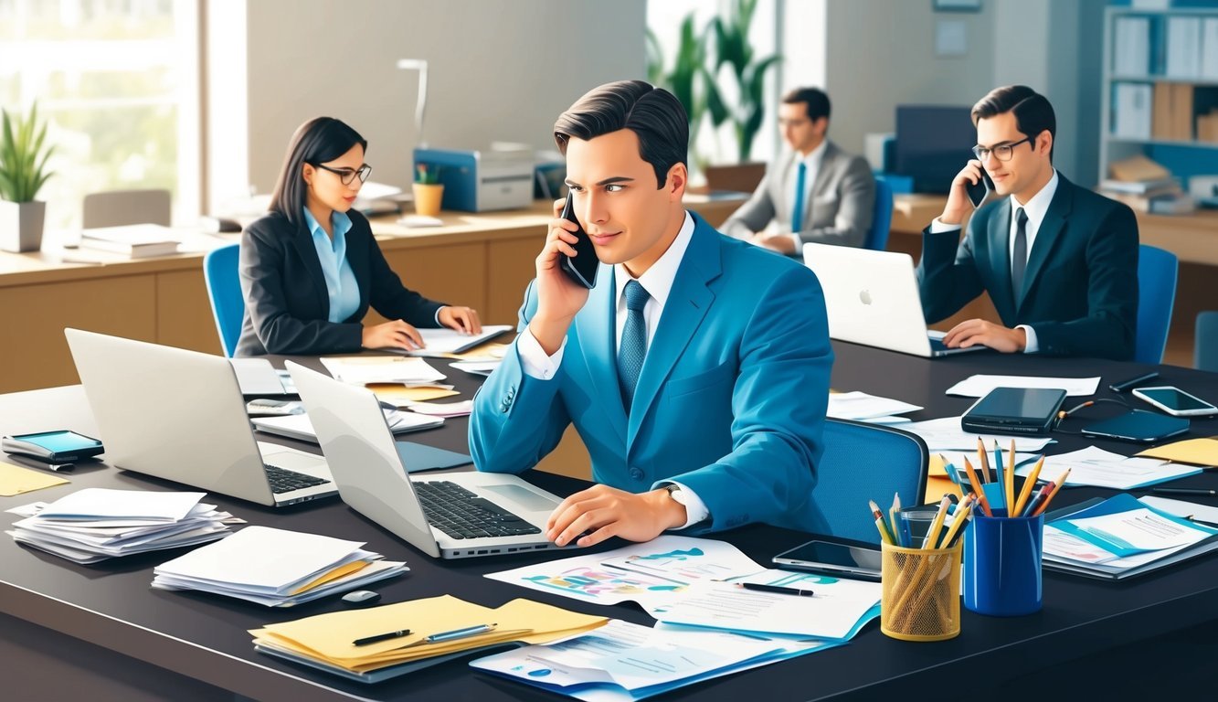 A busy office desk with a laptop, phone, and papers scattered around.</p><p>A person in a suit is on the phone, while others work at their desks