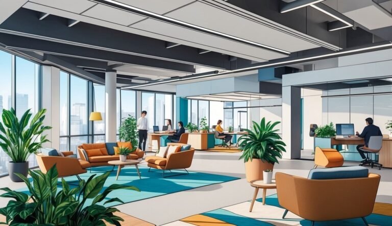 Modern office interior with open workspaces, lounge area, and large windows