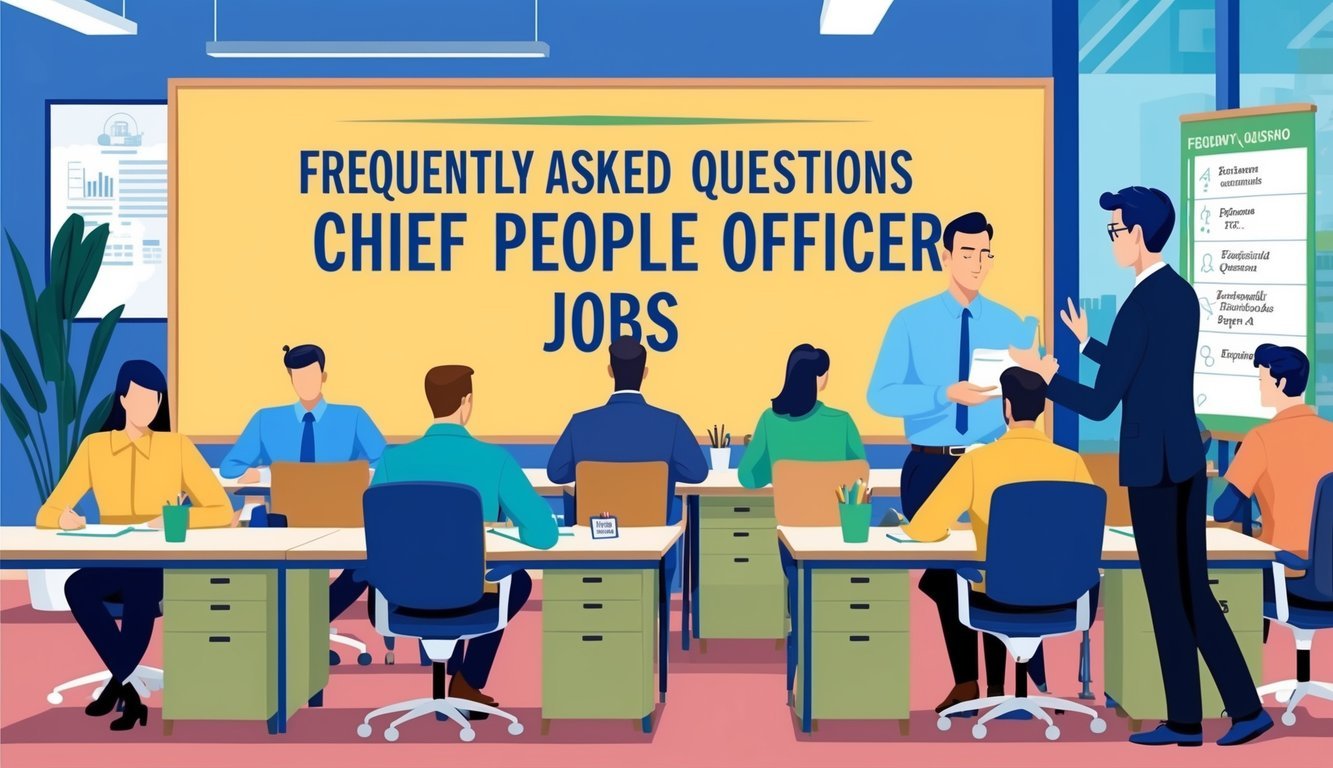 A busy office with people at desks, a large board with "Frequently Asked Questions Chief People Officer Jobs" written on it, and a person answering questions