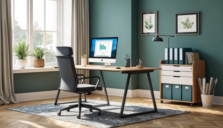 Modern home office with desk, computer, chair, and decorative plants