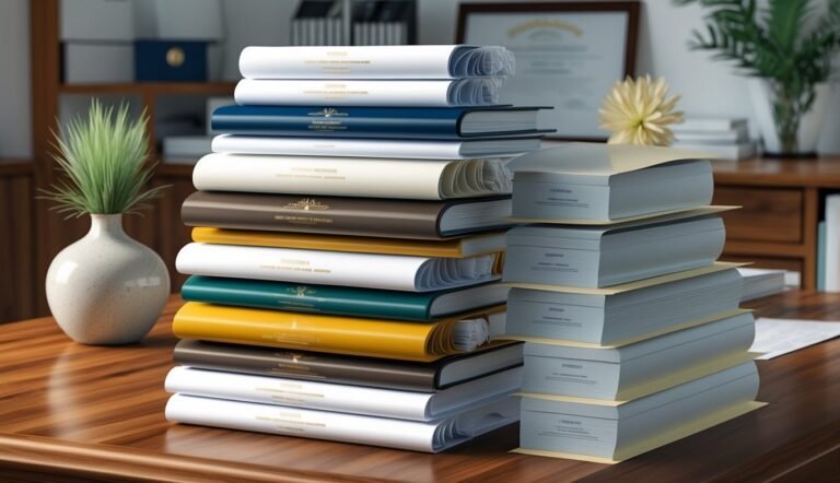 Stacks of colorful books and files on a wooden desk