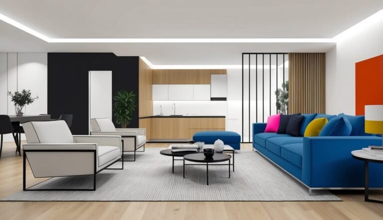 Modern living room with blue sofa, white chairs, and kitchen in background