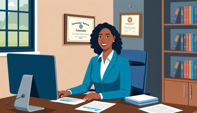 Smiling Black woman counselor at a desk with computer and diplomas