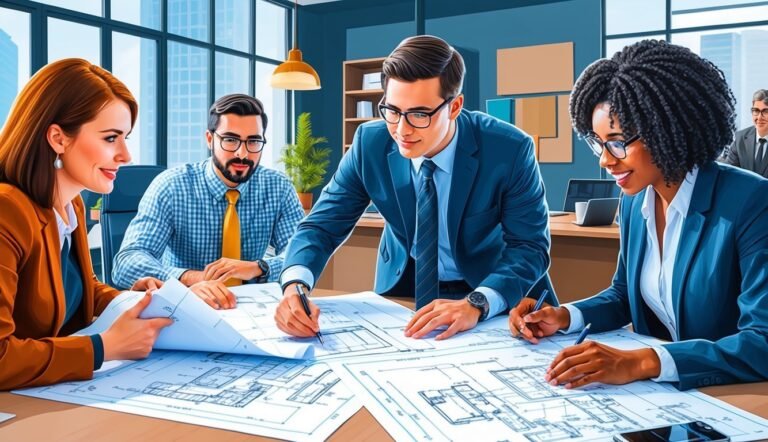 Business team reviewing blueprints at a table in an office setting