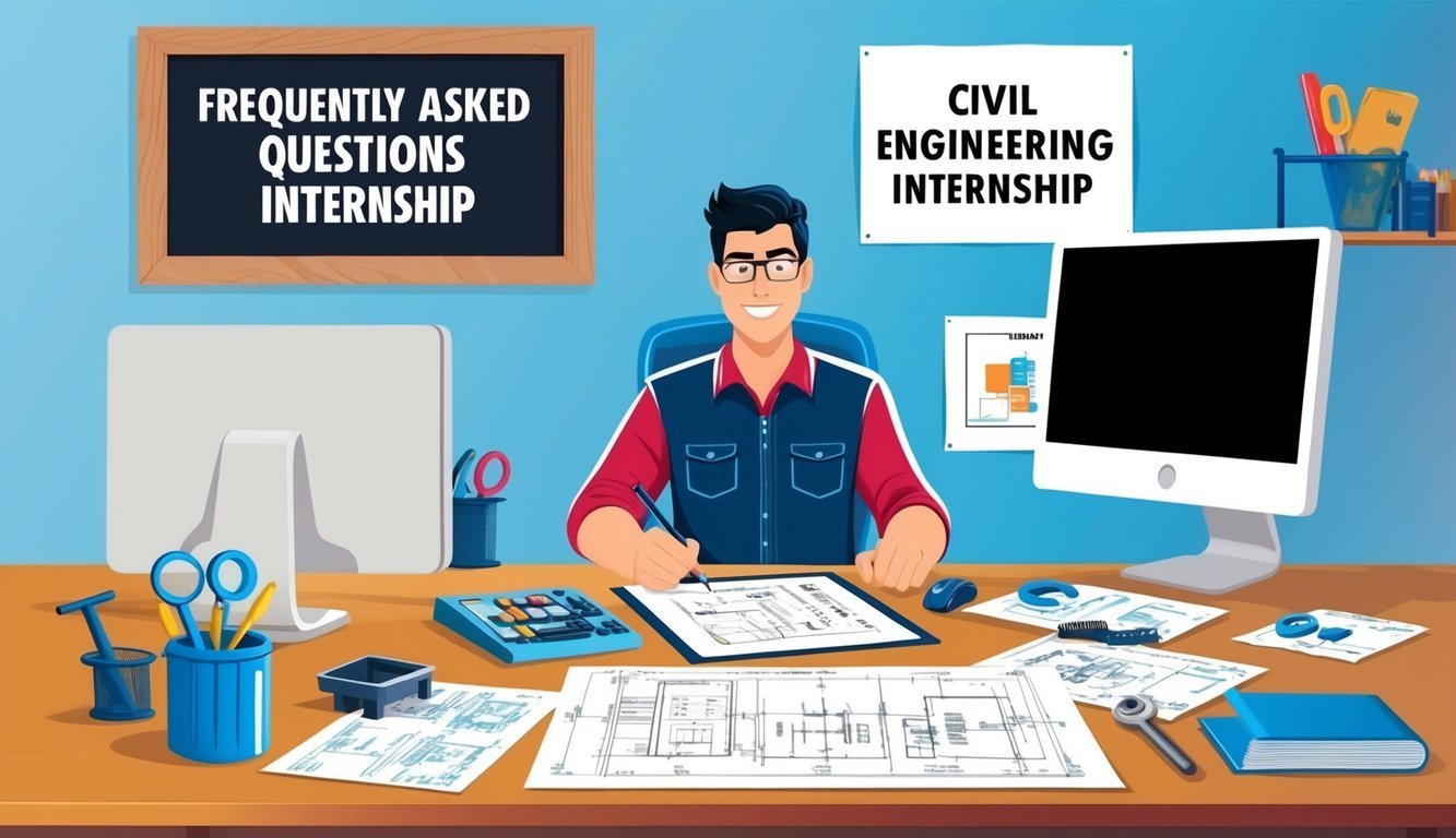 A civil engineering student at a desk, surrounded by blueprints, a computer, and engineering tools, with a sign reading "Frequently Asked Questions Civil engineering internship" on the wall