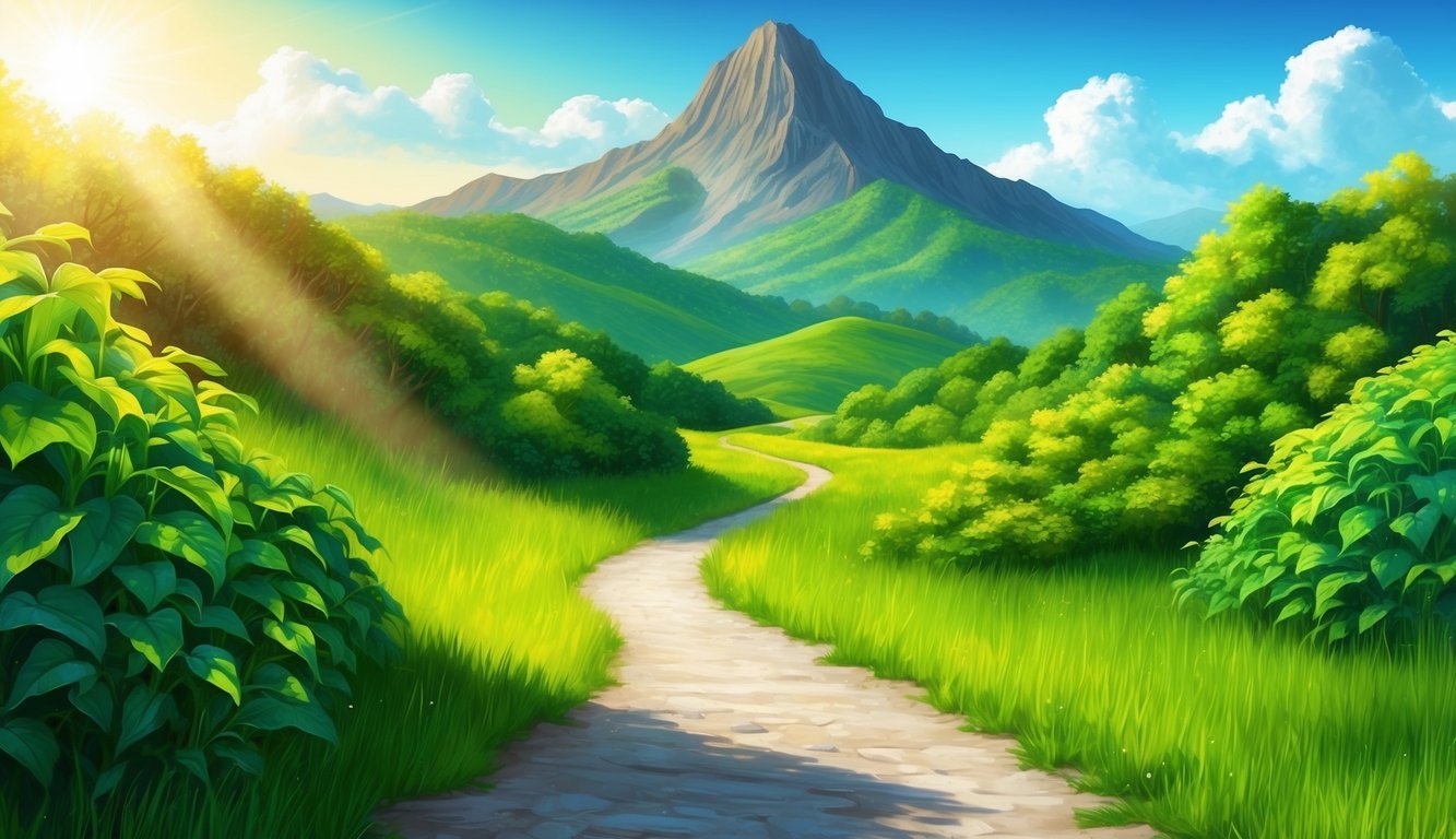 A sunlit path winds through lush greenery, leading towards a towering mountain peak.</p><p>The vibrant colors of the landscape suggest growth and renewal