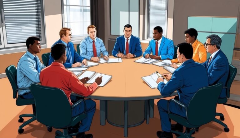 Business meeting illustration: diverse group of people around a round table