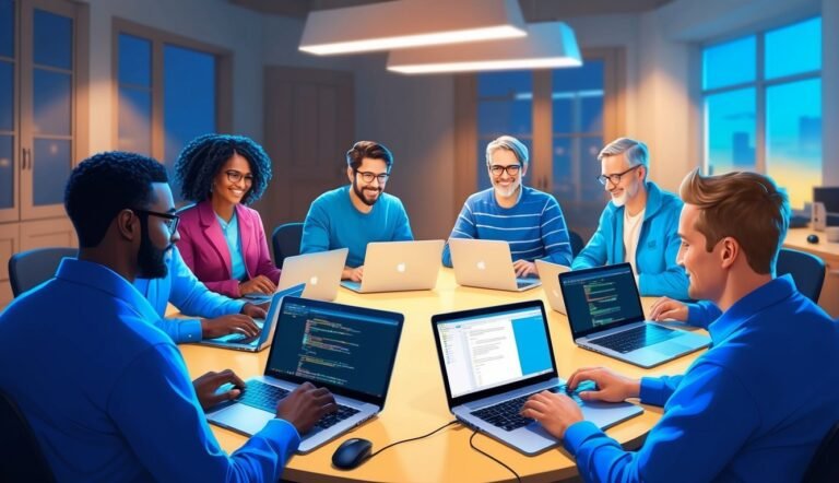 Diverse team of programmers working on laptops around a table