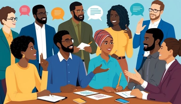 Diverse group of people in a meeting, discussing ideas with speech bubbles