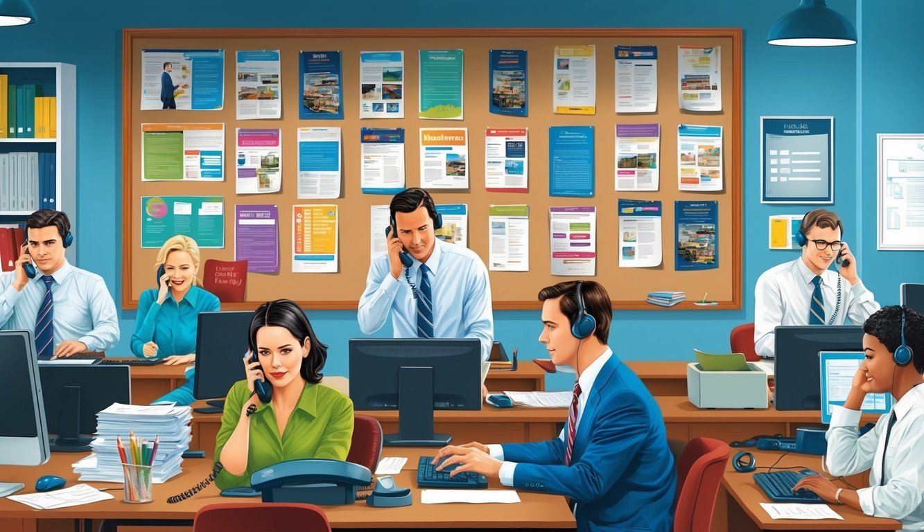 A bustling office with people talking on phones and typing at computers, with a large bulletin board covered in colorful flyers and posters