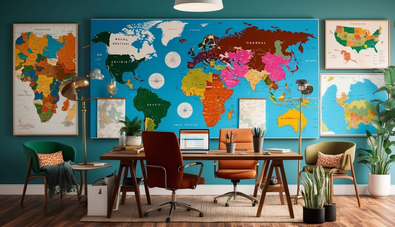 An office with diverse regional decor, maps, and communication tools