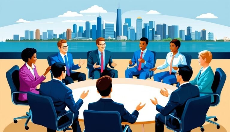 Business team in a meeting with a city skyline background