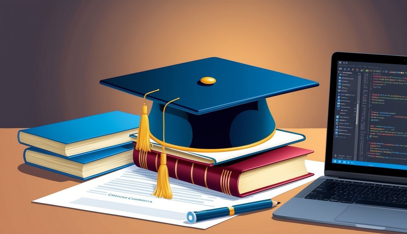 Graduation cap on books with laptop displaying code and pen on paper
