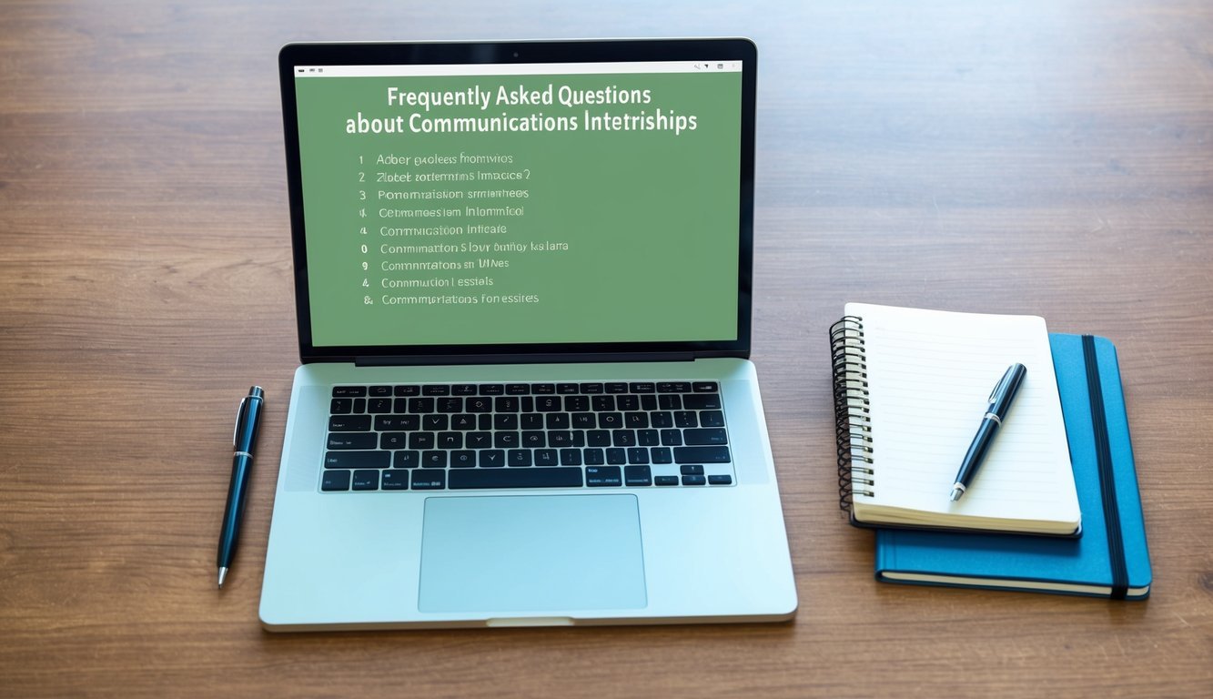 A laptop open on a desk with a list of frequently asked questions about communications internships displayed on the screen.</p><p>A notebook and pen sit next to it