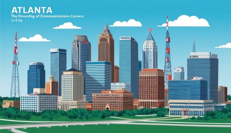 Atlanta skyline illustration with skyscrapers, trees, and a blue sky with clouds