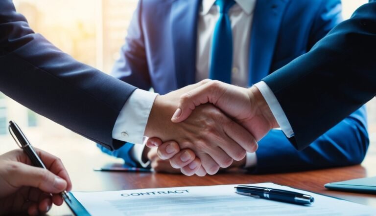 Two men in suits shaking hands over a contract