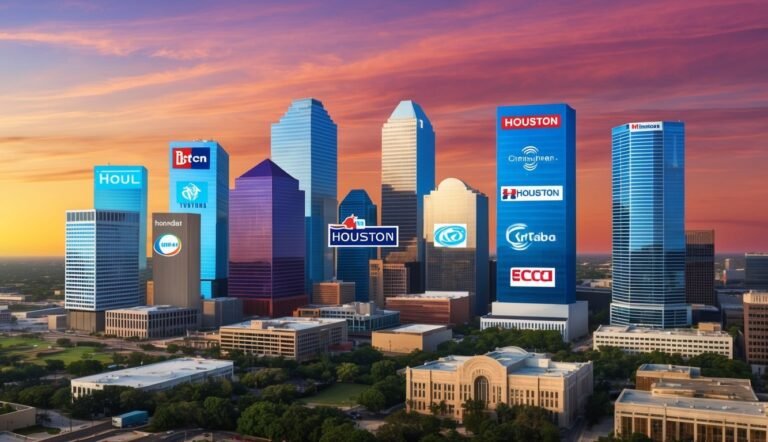 Houston skyline with logos on skyscrapers, sunset sky