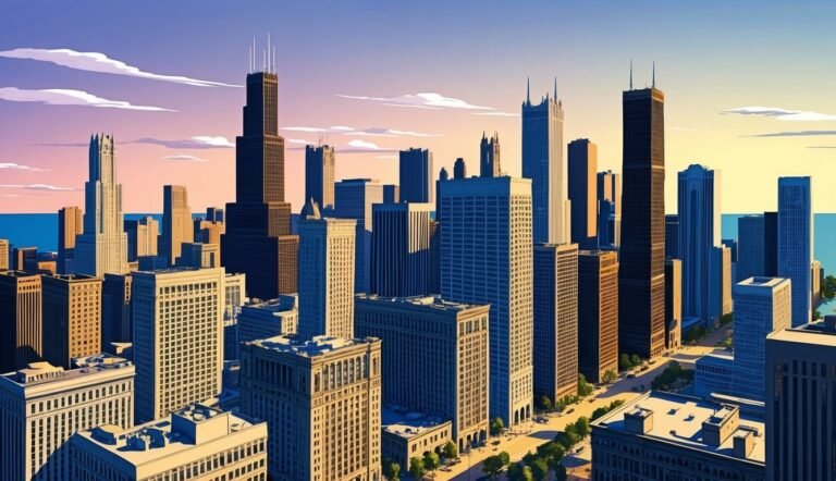 Chicago skyline with tall skyscrapers against a colorful sky