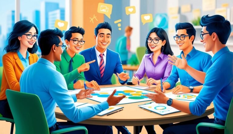 Group of diverse people in a meeting around a table, discussing ideas