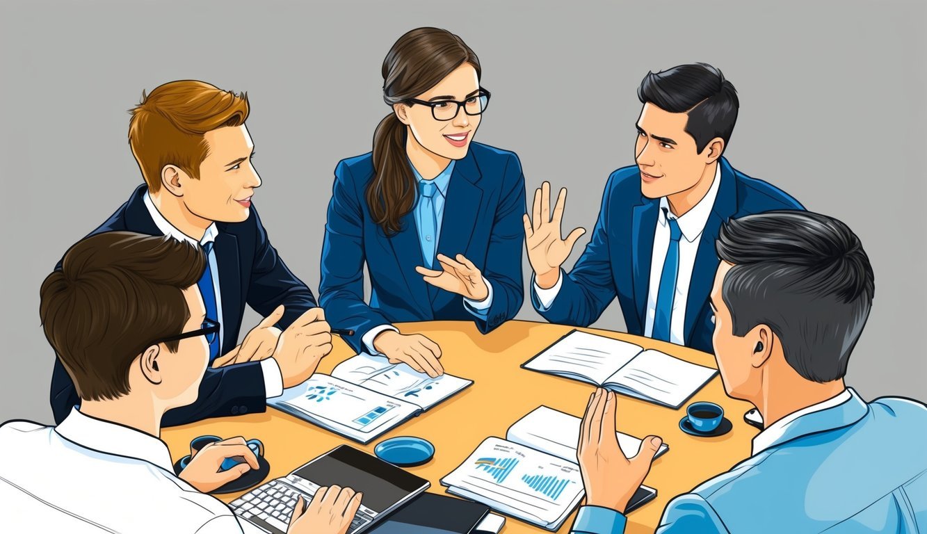 A group of coworkers engaged in a discussion, exchanging ideas and insights.</p><p>Some are gesturing, while others are listening attentively