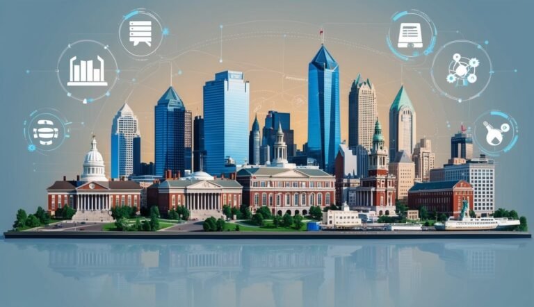 Cityscape with data icons, skyscrapers, and government buildings with reflections