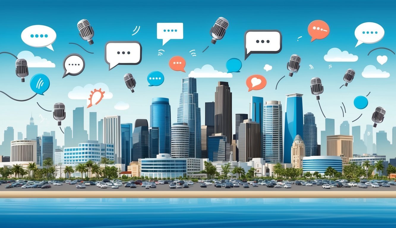 A bustling Los Angeles skyline with various communication-related symbols such as microphones, speech bubbles, and megaphones scattered throughout