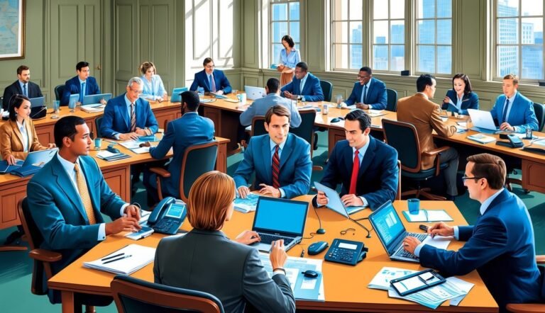 Business professionals in suits at a conference table with laptops and documents
