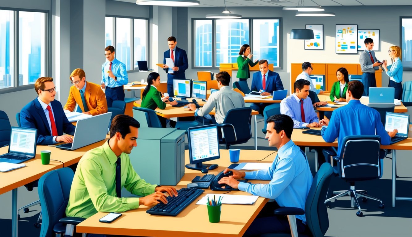 A bustling office environment with people engaged in various forms of communication - speaking on the phone, typing on computers, and collaborating in meetings