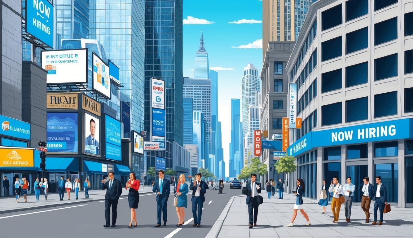 A bustling city street with skyscrapers and billboards, people walking and talking on their phones, and a busy office building with a "Now Hiring" sign