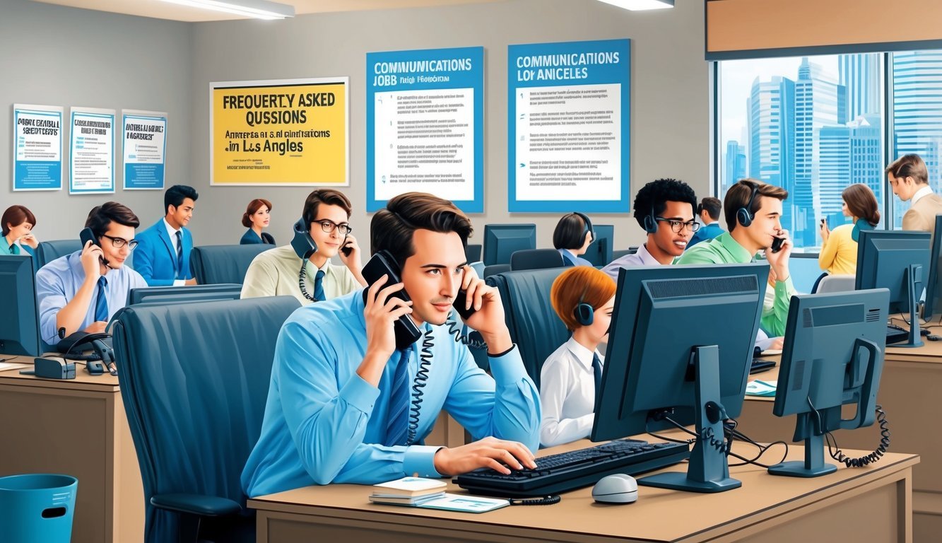 A bustling office with people talking on the phone and typing on computers, surrounded by signs and posters about frequently asked questions and communications jobs in Los Angeles