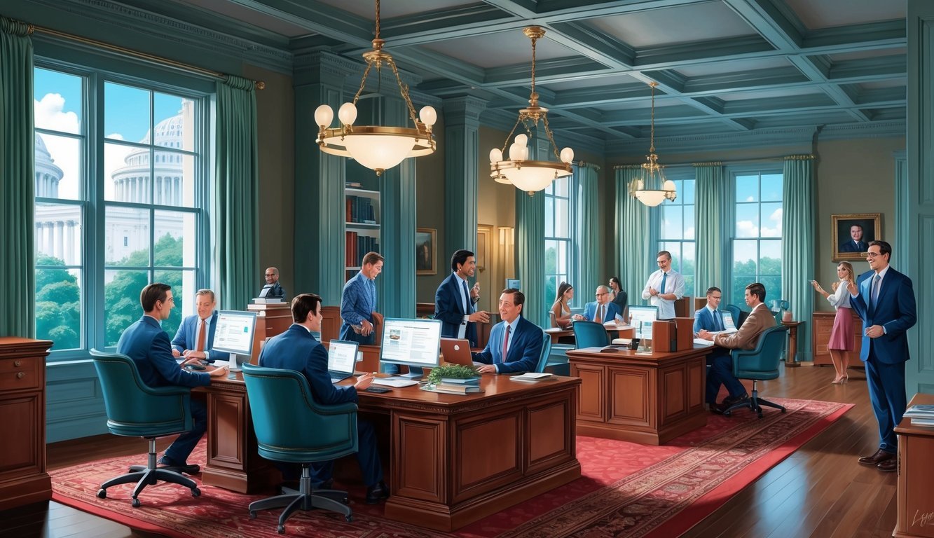 A bustling office with people communicating and working in Washington, DC