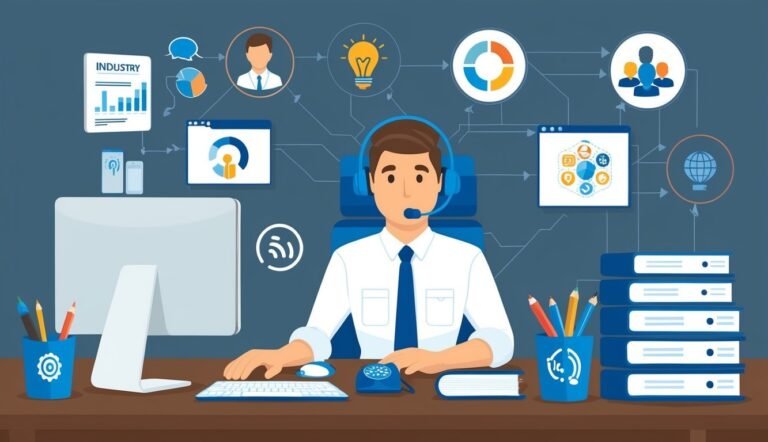 Customer service representative at desk with computer and headset, surrounded by icons